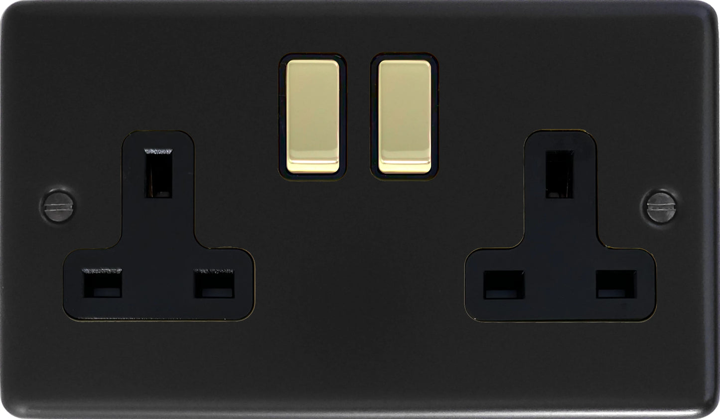 Contour  Flat Black  2 Gang Socket (Brass Switches)