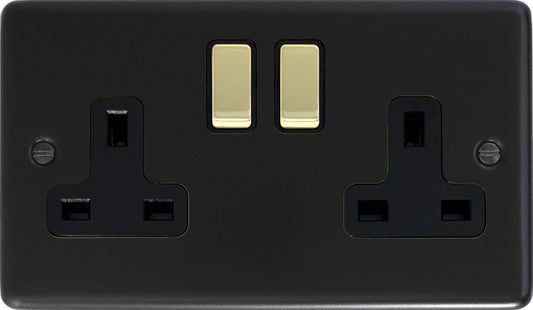 Contour  Flat Black  2 Gang Socket (Brass Switches)