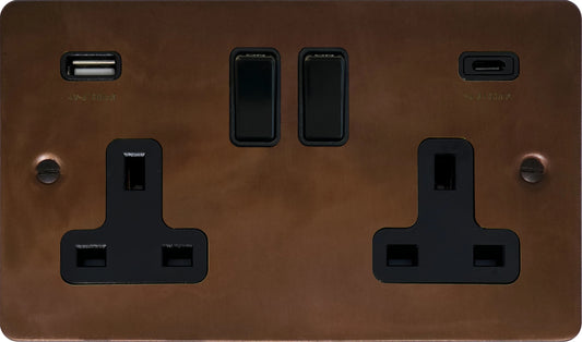 Flat Tarnished Copper  2 Gang Socket with USBC