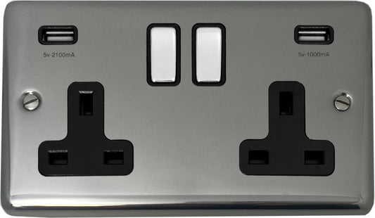 Contour Polished Steel 2 Gang Socket + Usb