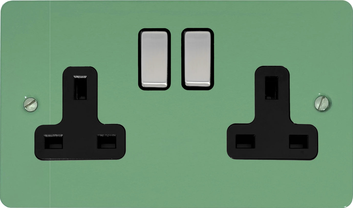 Flat Sage Green 2 Gang Socket (Satin Chrome Switches/Black Inserts)