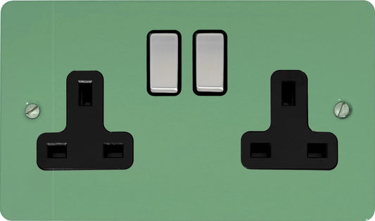 Flat Sage Green 2 Gang Socket (Satin Chrome Switches/Black Inserts)