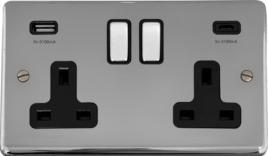Contour Polished Chrome 2 Gang Socket + USBC