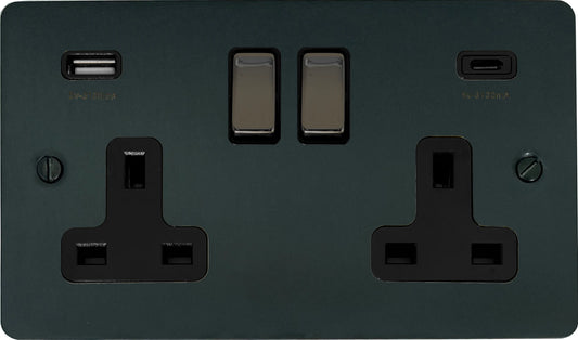 Flat Black Bronze 2 Gang Socket C/W USBC Ports - Flat range electrical USB-C socket