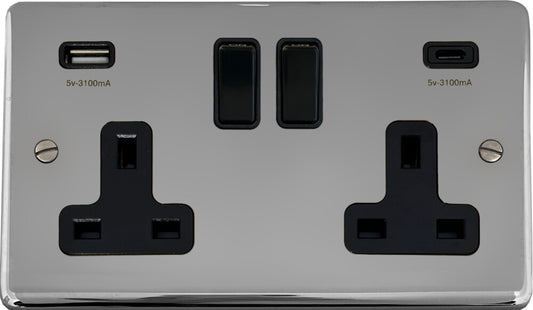 Contour  Polished Chrome 2 Gang Socket with USBC