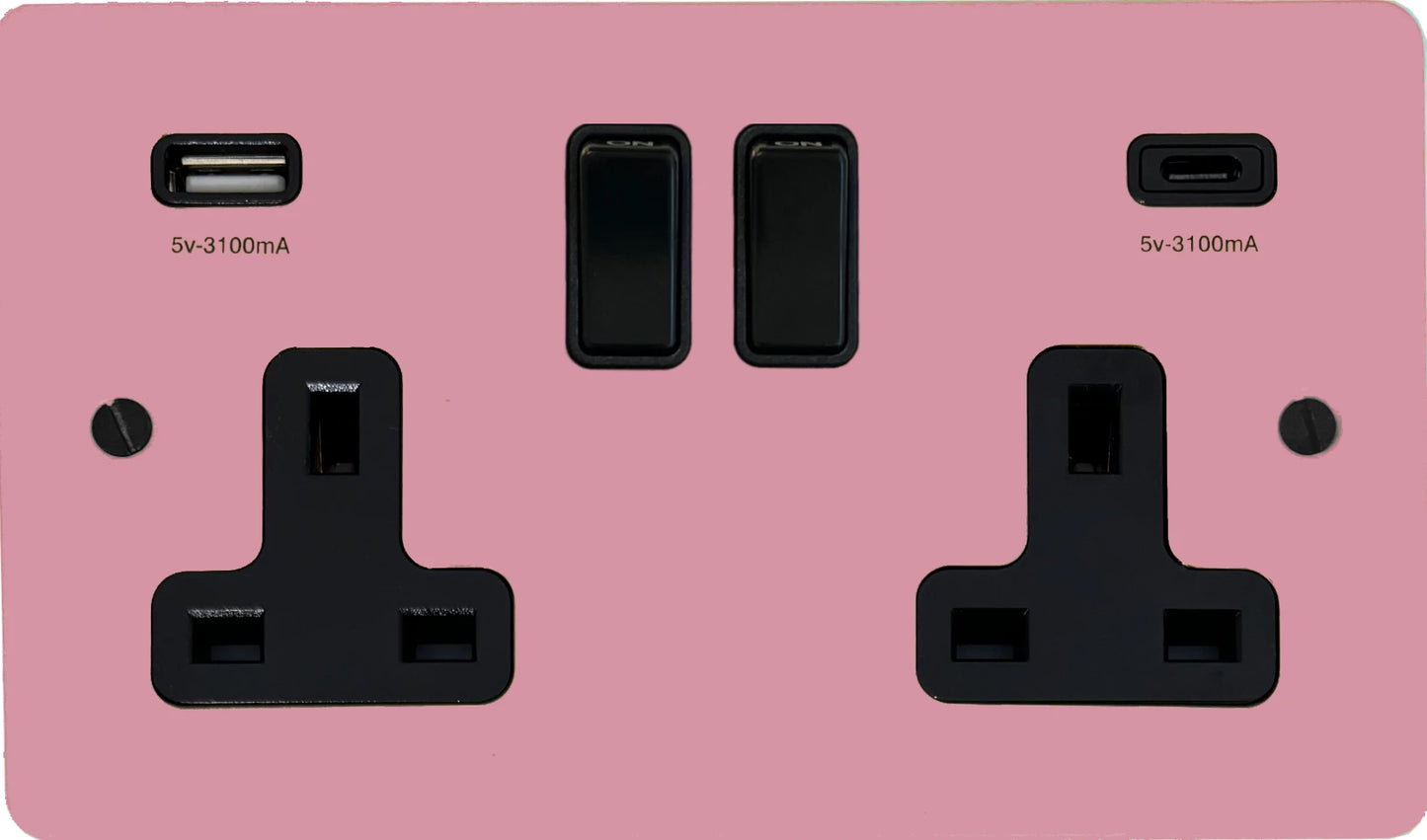 Flat Gloss Pink 2 Gang Socket with USBC (Black Switches)