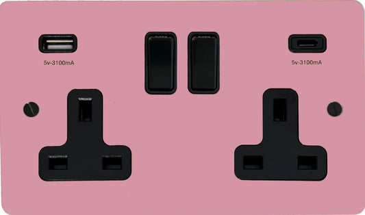 Flat Gloss Pink 2 Gang Socket with USBC (Black Switches)