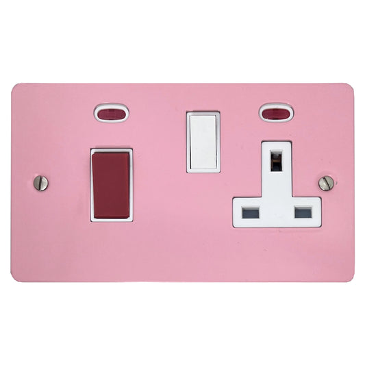 Flat Gloss Pink 45 Amp Cooker Switch and Socket (White Switch) - Flat range electrical cooker switch