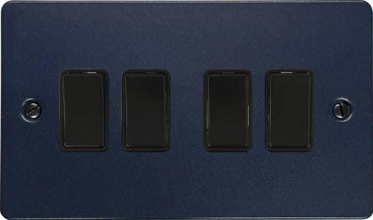Flat Blue 4 Gang Switch (Black Switches)