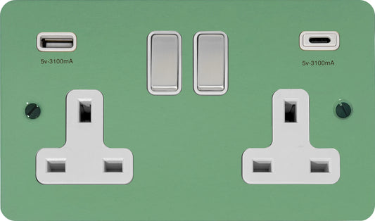 Flat Sage Green 2 Gang Socket with USBC (Satin Chrome Switches/White Inserts)