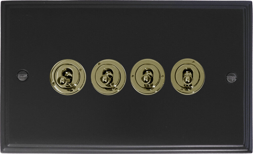 Victorian Flat Black 4 Gang Toggle (Polished Brass Toggle)