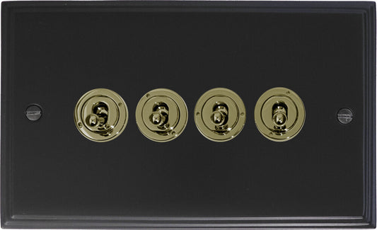 Victorian Flat Black 4 Gang Toggle (Polished Brass Toggle)