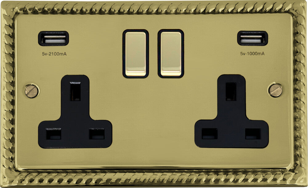 Georgian Polished Brass 2 Gang Socket C/W Usb Ports