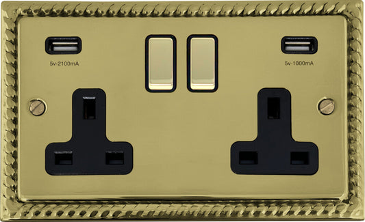 Georgian Polished Brass 2 Gang Socket C/W Usb Ports