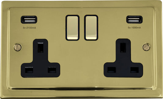 Victorian Polished Brass 2 Gang Socket C/W Usb Port