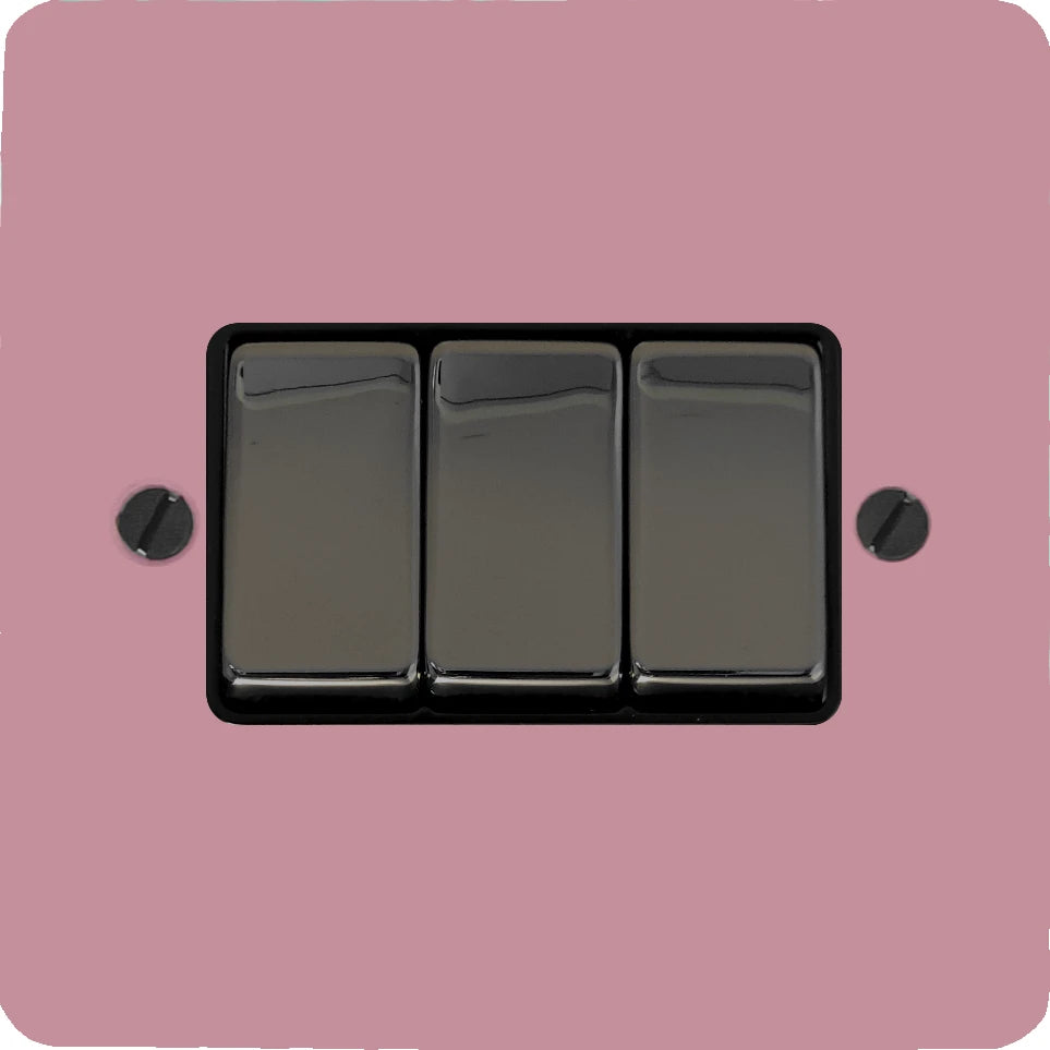 Flat Gloss Pink 3 Gang Switch (Black Nickel Switches/Black Inserts)