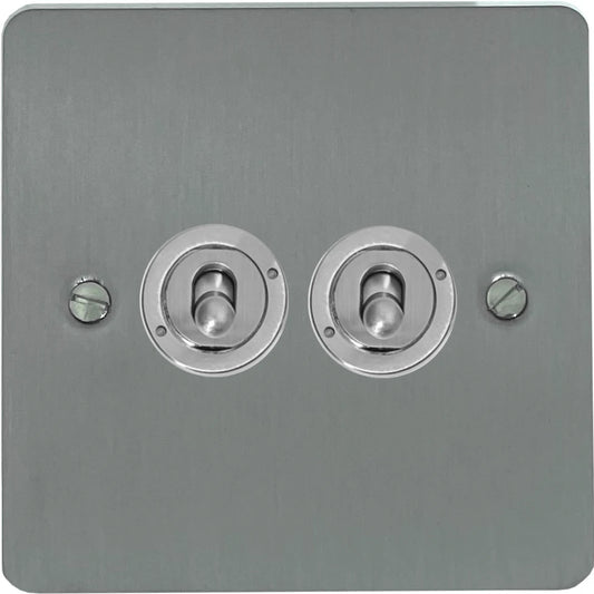 Flat Brushed Steel 2 Gang Toggle Switch