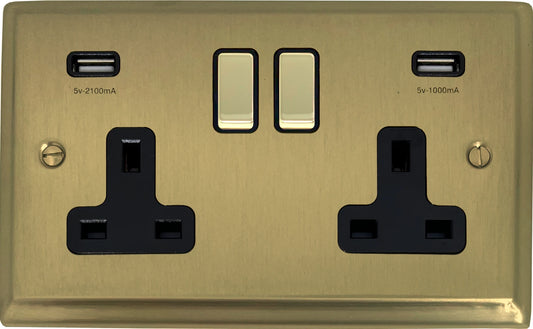 Deco Satin Brass 2 Gang Socket C/W Usb Ports