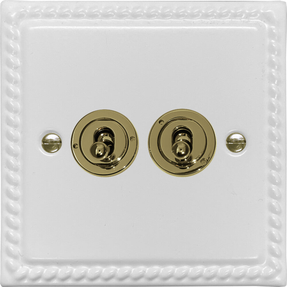 Georgian Flat White 2 Gang Toggle Switch (Polished Brass Toggle)
