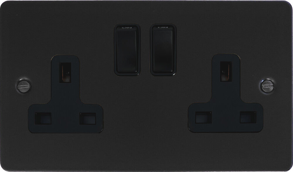 Flat Black 2 Gang Socket (Black Switches)