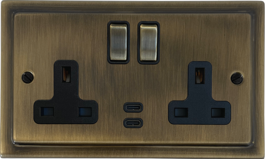 Victorian Antique Brass 2 Gang USBC Socket (Brass Switches)