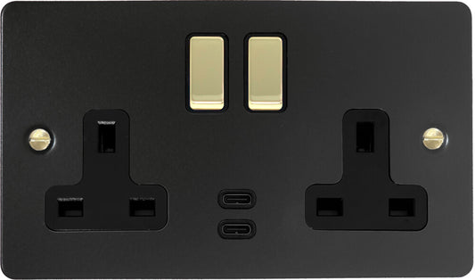 Flat Black 2 Gang USB C Socket (Brass Switches)