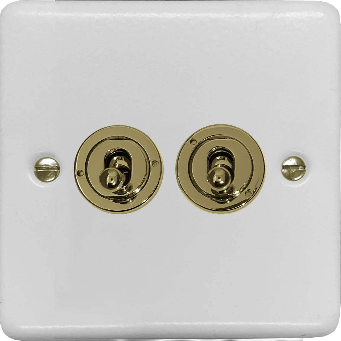 Contour Flat White 2 Gang Toggle (Polished Brass Toggle)