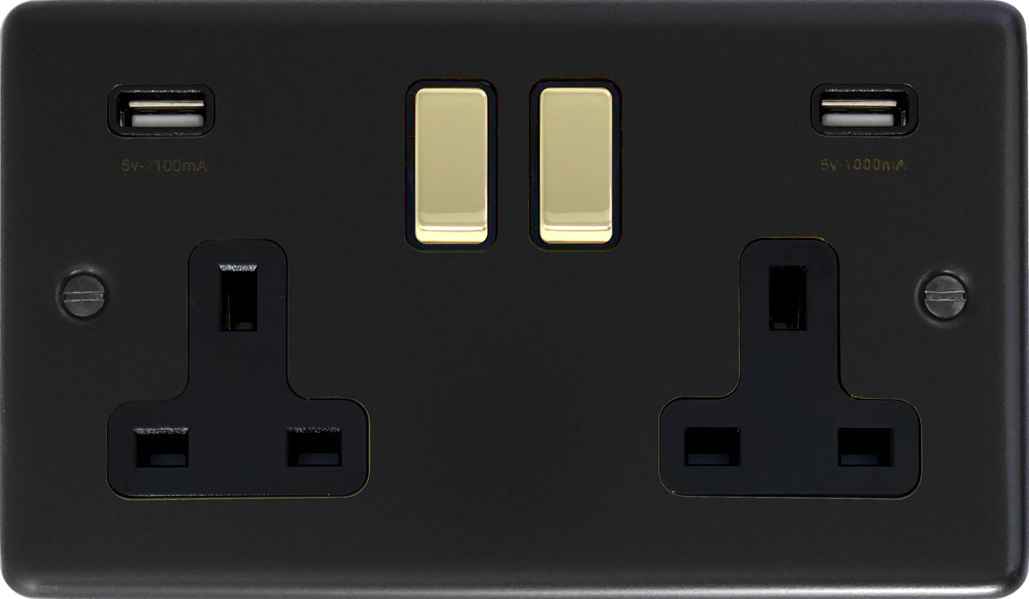 Contour Flat Black 2 Gang Usb Socket (Brass Switches)