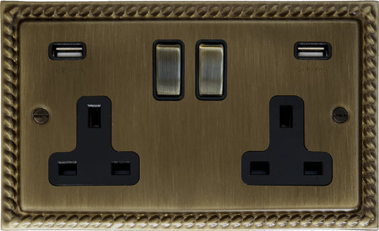 Georgian Antique Brass 2 Gang Usb Socket