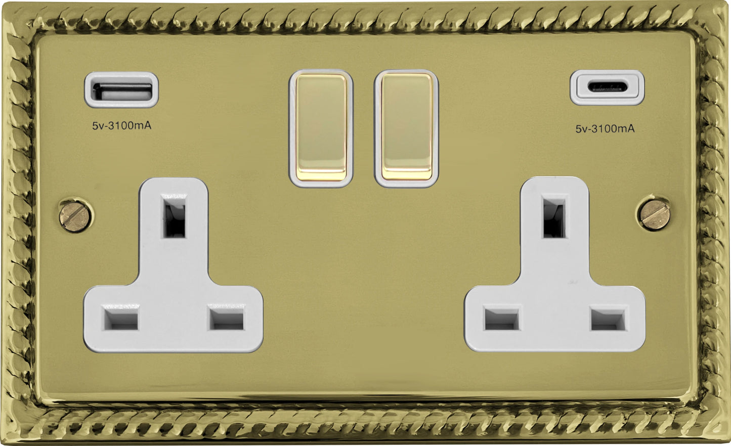 Georgian Polished Brass 2 Gang Socket C/W USBC Ports