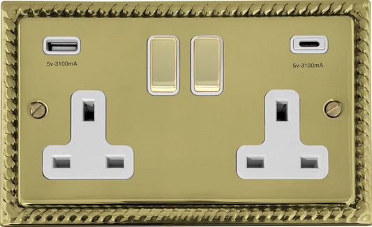 Georgian Polished Brass 2 Gang Socket C/W USBC Ports