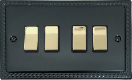 Georgian Black Bronze 4 Gang Switch (Polished Brass Switches)