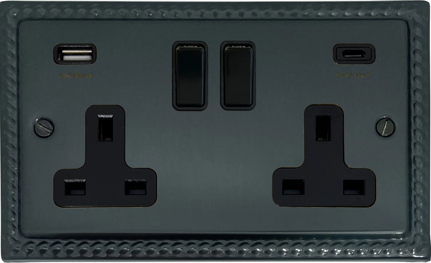 Georgian Black Bronze 2 Gang Socket with USBC (Black Switches)