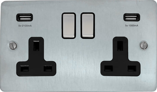 Flat Satin Chrome 2 Gang Socket C/W Usb Ports