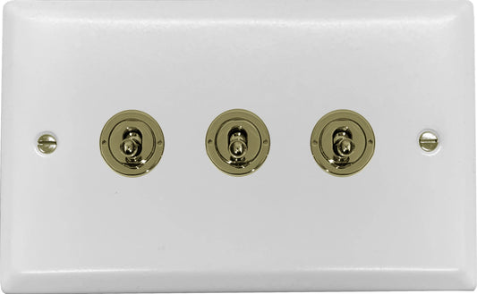 Spectrum Flat White 3 Gang Toggle (Polished Brass Toggle)