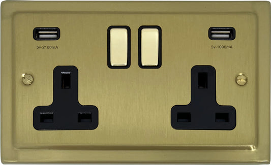 Trimline Satin Brass 2 Gang Socket C/W Usb Ports