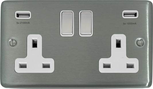 Contour Brushed Steel 2 Gang Socket + Usb
