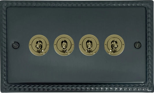 Georgian Black Bronze 4 Gang Toggle Switch (Polished Brass Toggles) - Georgian range electrical switch
