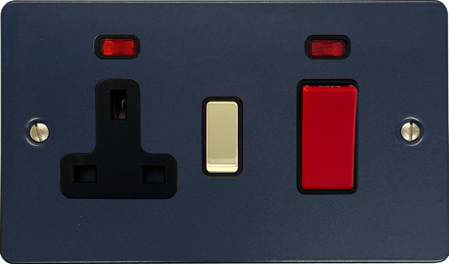 Flat Blue 45 Amp Cooker Switch and Socket (Polished Brass Switches/Black Inserts)