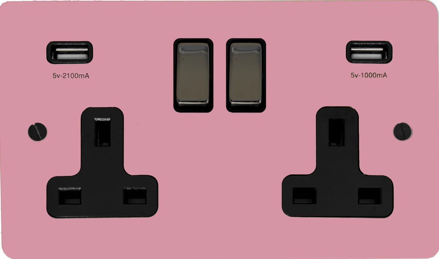 Flat Gloss Pink 2 Gang Socket with USB (Black Nickel Switch/Black Insert)