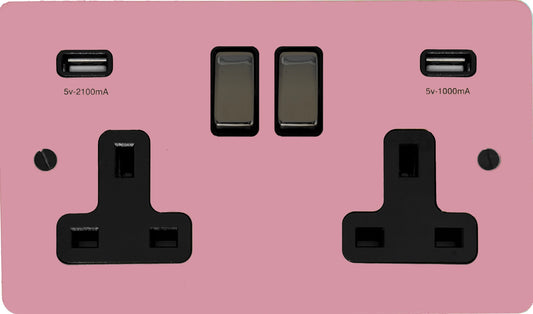Flat Gloss Pink 2 Gang Socket with USB (Black Nickel Switch/Black Insert)