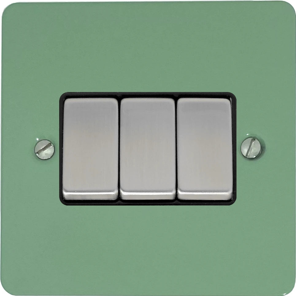 Flat Sage Green 3 Gang Switch (Satin Chrome Switches/Black Inserts)