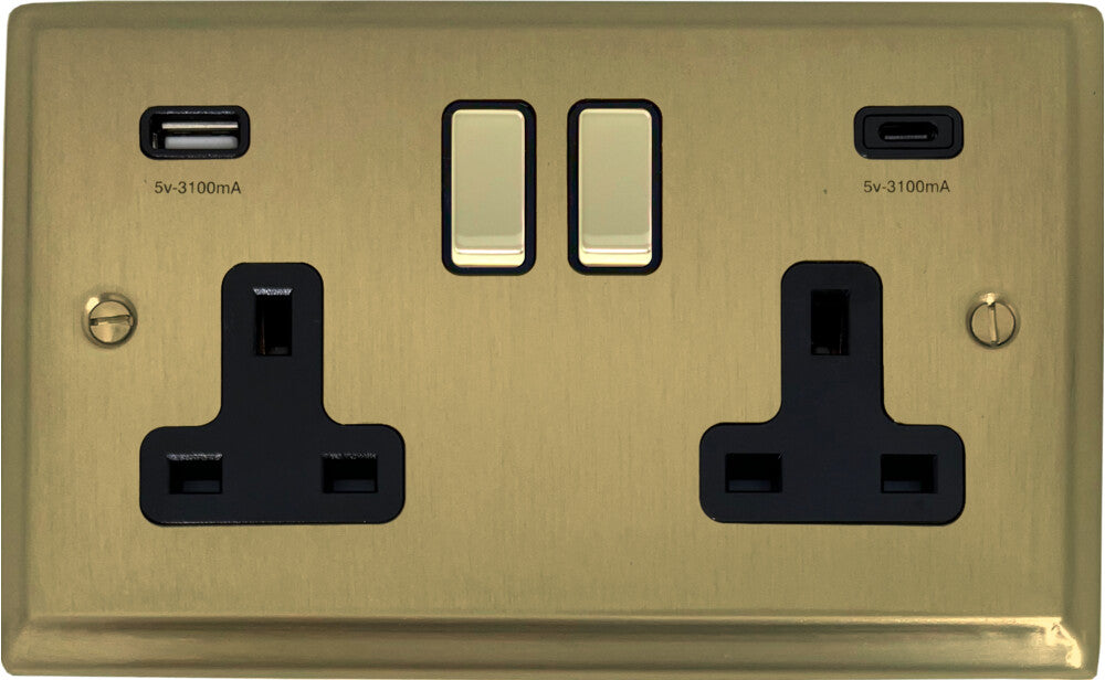 Deco Satin Brass 2 Gang Socket C/W USBC Ports