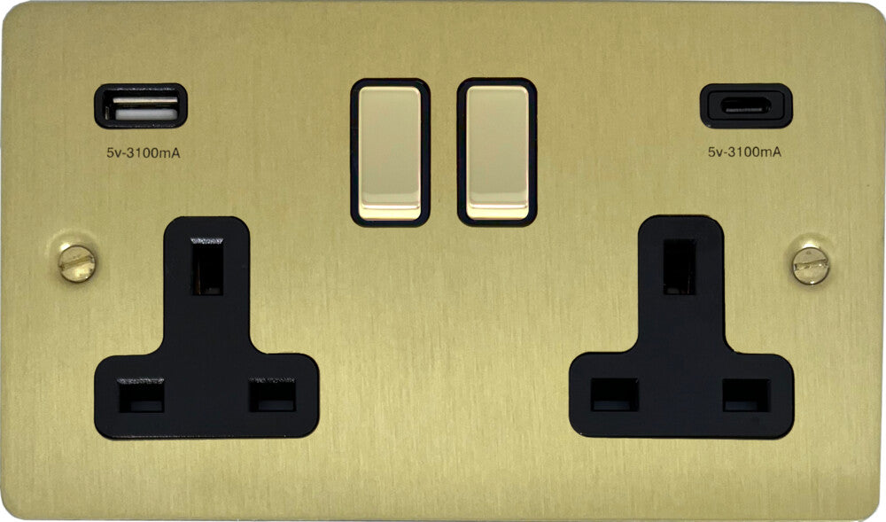 Flat Satin Brass 2 Gang Socket C/W USBC Ports