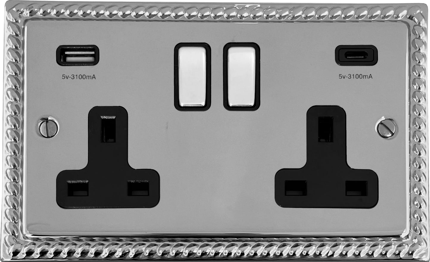 Georgian Polished Chrome 2 Gang Socket C/W USBC Ports
