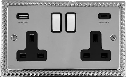 Georgian Polished Chrome 2 Gang Socket C/W USBC Ports