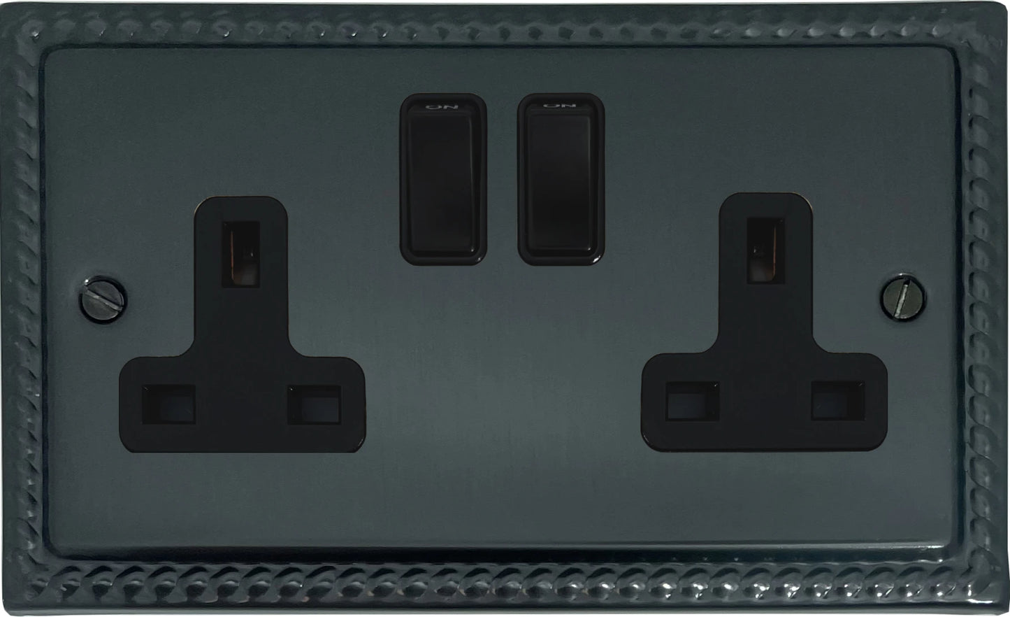 Georgian Black Bronze 2 Gang Socket (Black Switches)