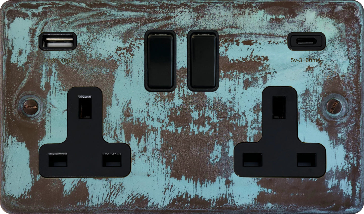 Flat Verdigris  2 Gang Socket with USBC