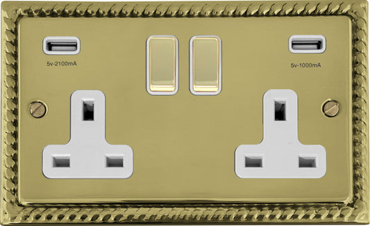 Georgian Polished Brass 2 Gang Socket C/W Usb Ports