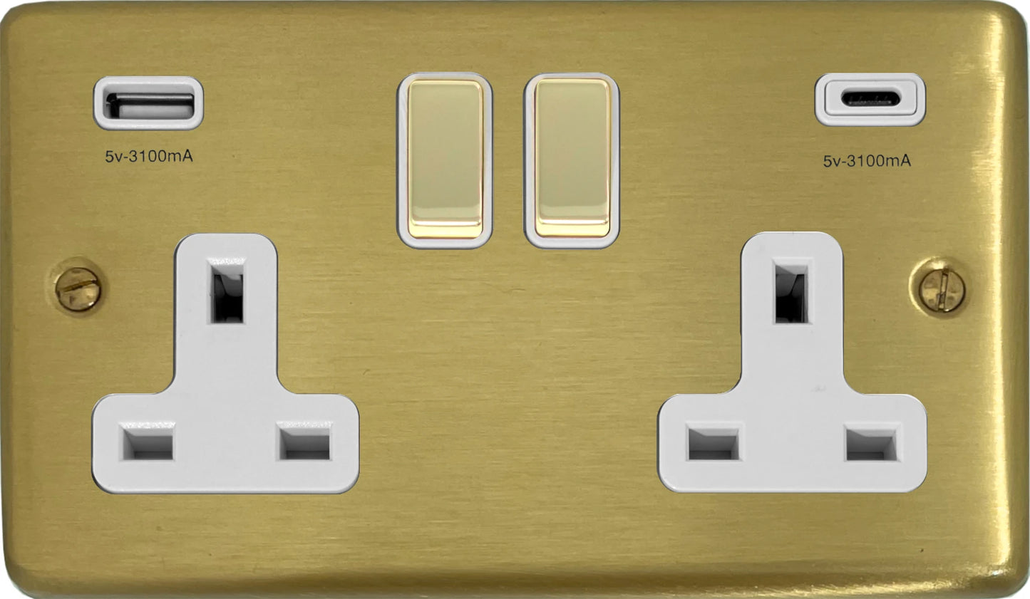 Contour Satin Brass 2 Gang Socket C/W USBC Ports